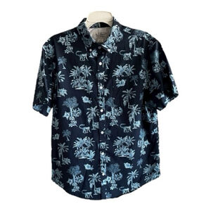Original Penguin Dark Blue Hawaiian Jungle Print Men's Shirt size (Large)